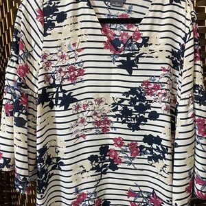 Van Heusen Cream Striped V-Neck Top with Navy & Pink Floral Print